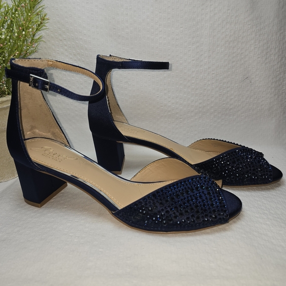 JEWEL BADGLEY MISCHKA NAVY RHINESTONE PEEP TOE ANKLE STRAP BLOCK HEEL 8 - Picture 2 of 15